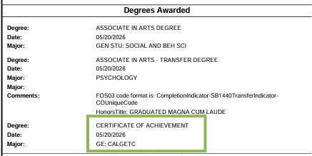 CalGETC Certification on transcript