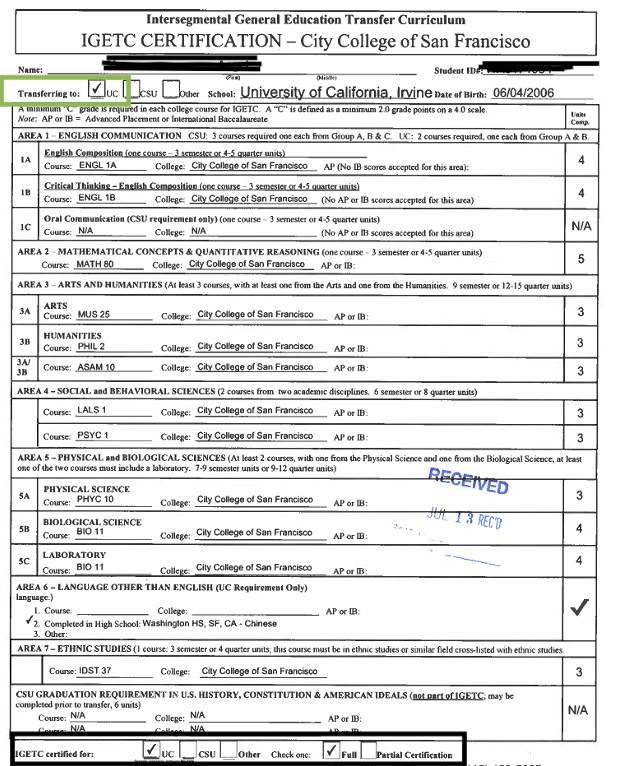 UC IGETC certification checklist