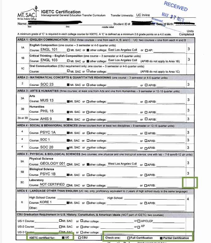 Partial UC IGETC Checklist